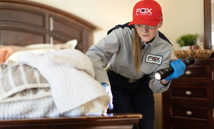 Fox Pest Control technician checks for bed bugs.