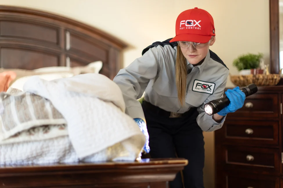 Fox Pest Control technician checks for bed bugs.